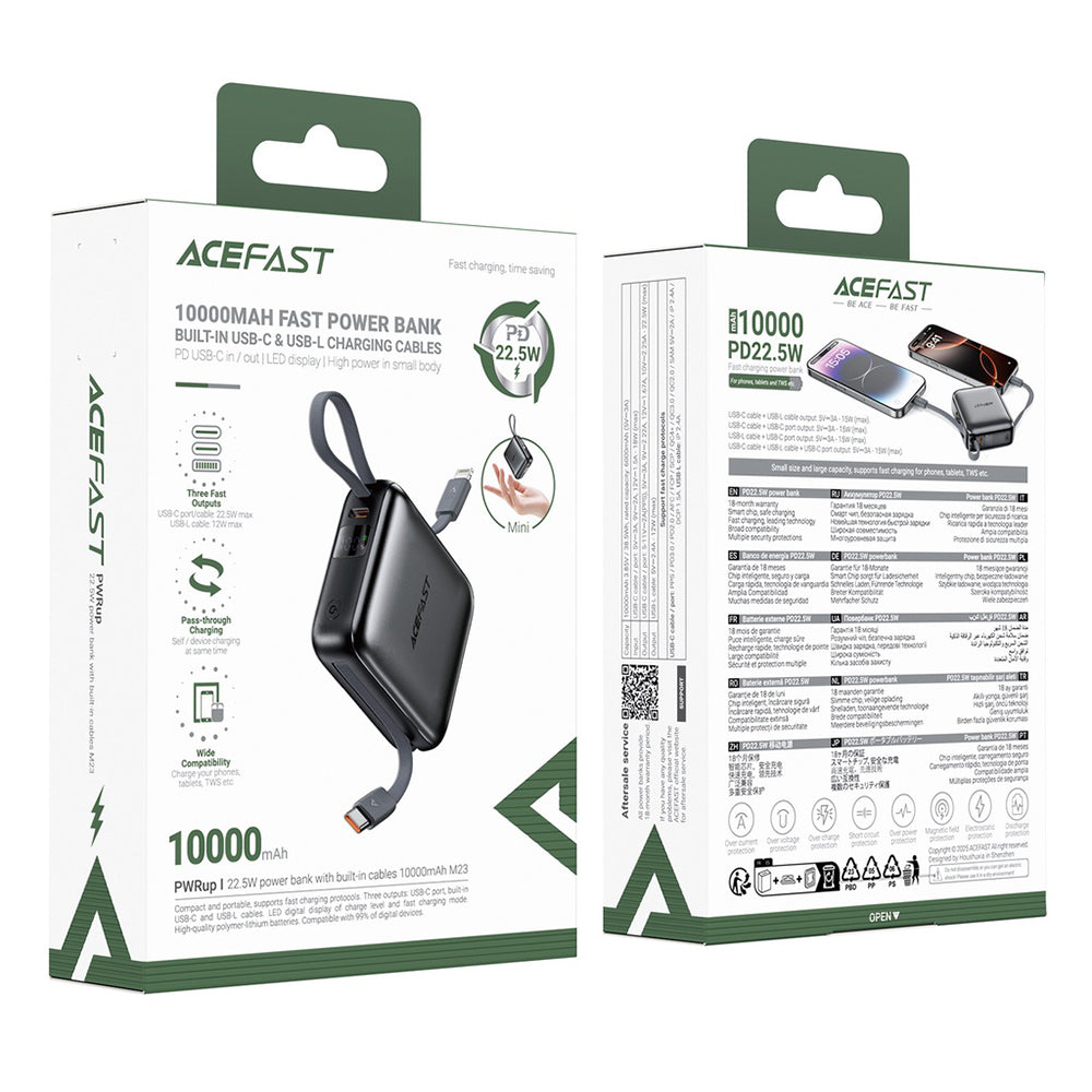 Spoljna baterija Acefast M23, 10000mAh, 22.5W, QC + PD, 1 x Lightning - 2 x USB-C, Siva