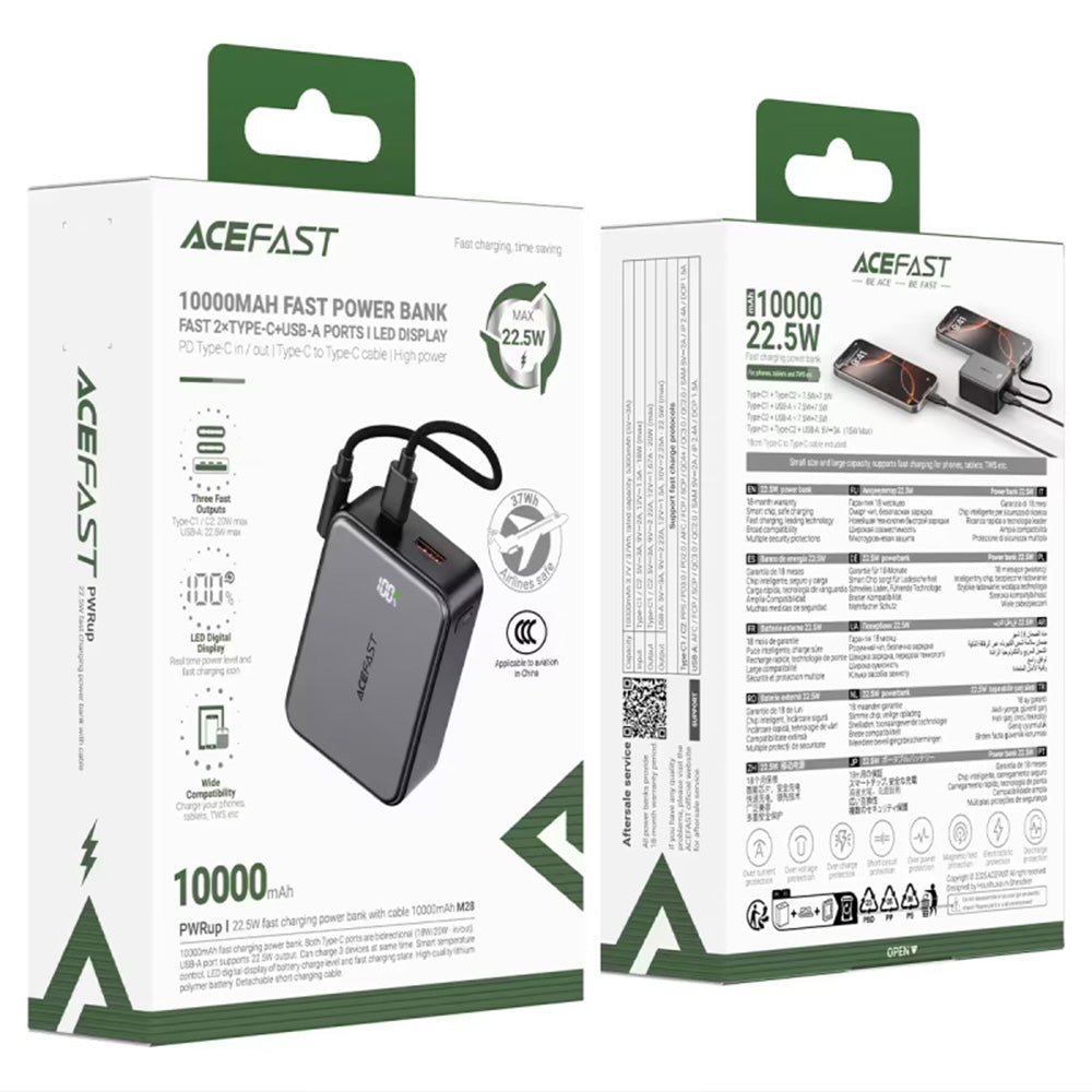 Eksterna baterija Acefast M28, 10000mAh, 22.5W, QC + PD, 1 x USB-A - 2 x USB-C, Crna