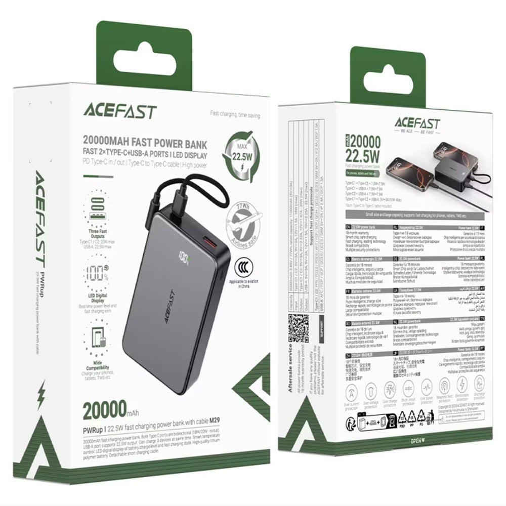 Spoljna baterija Acefast M29, 20000mAh, 22.5W, QC + PD, 1 x USB-A - 2 x USB-C, Crna