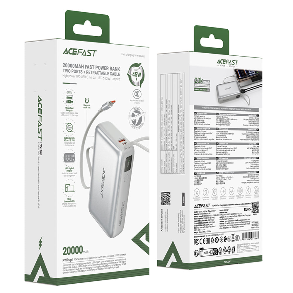 Spoljna baterija Acefast M34, 20000mAh, 45W, QC + PD, 1 x USB-A - 2 x USB-C, Srebrna