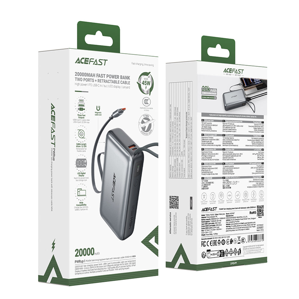 Spoljna baterija Acefast M34, 20000mAh, 45W, QC + PD, 1 x USB-A - 2 x USB-C, Siva