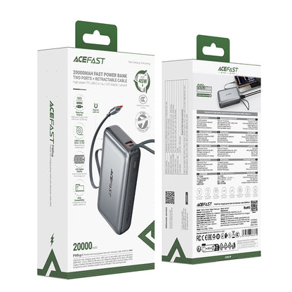Spoljna baterija Acefast M34, 20000mAh, 45W, QC + PD, 1 x USB-A - 2 x USB-C, Siva