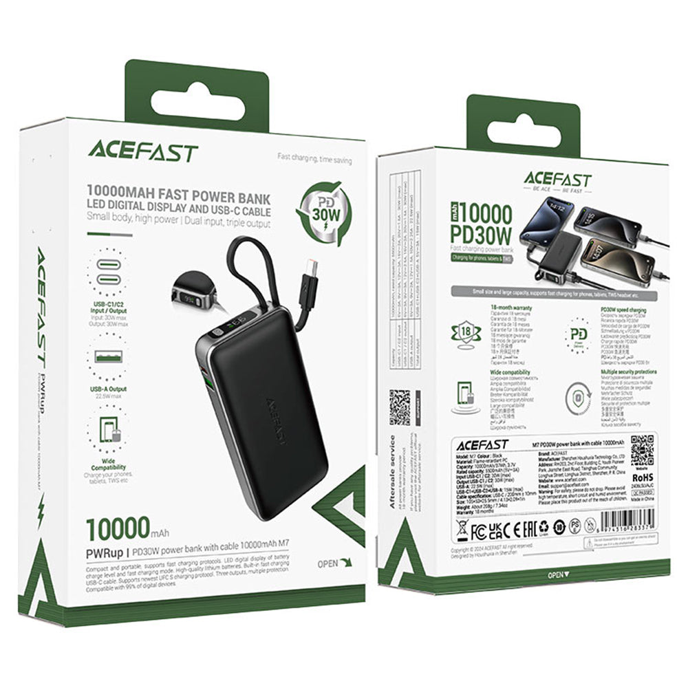 Eksterna baterija Acefast M7, 10000mAh, 30W, QC + PD, 1 x USB-A - 2 x USB-C, Crna