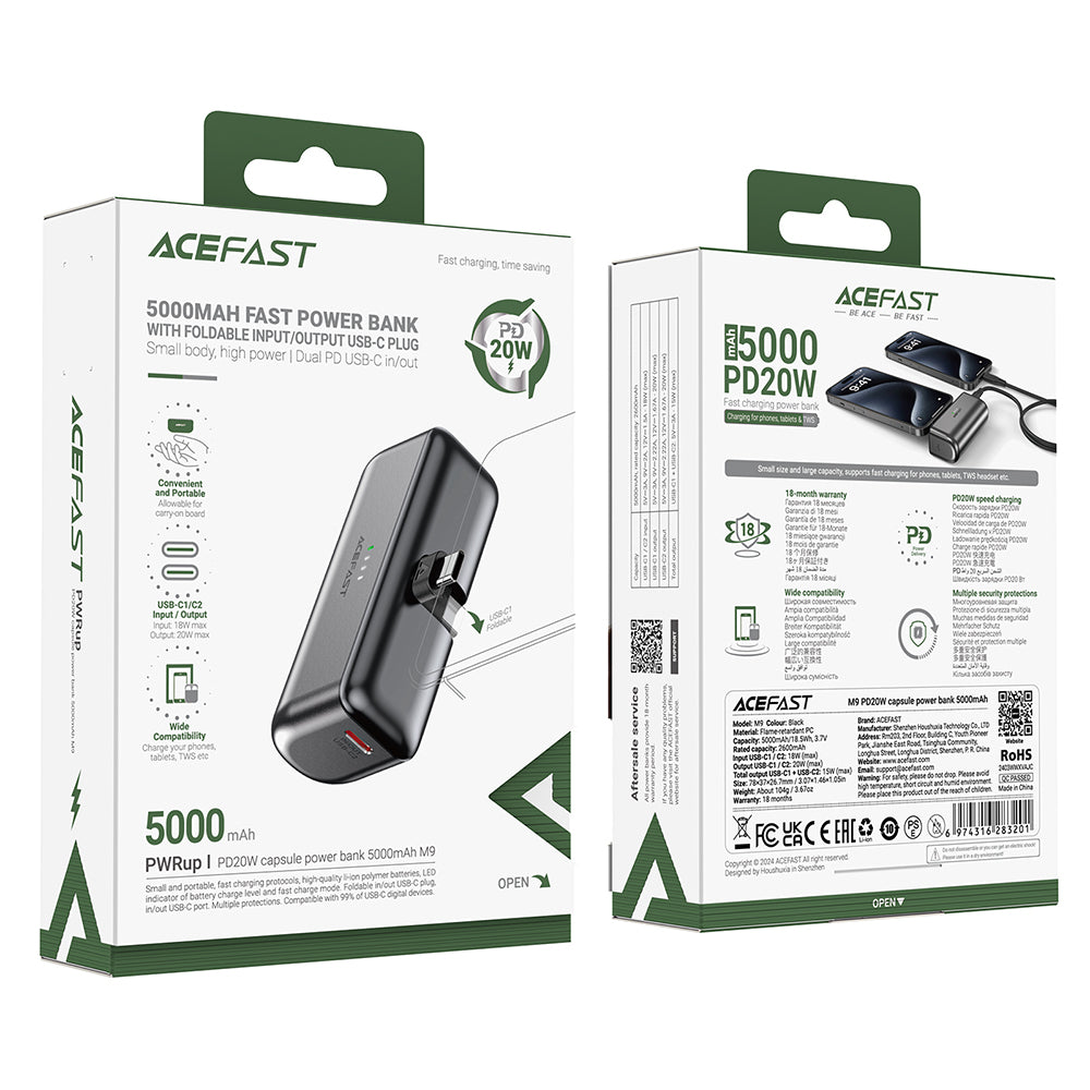 Eksterni punjač Acefast M9, 5000mAh, 20W, PD, 2 x USB-C, Crna