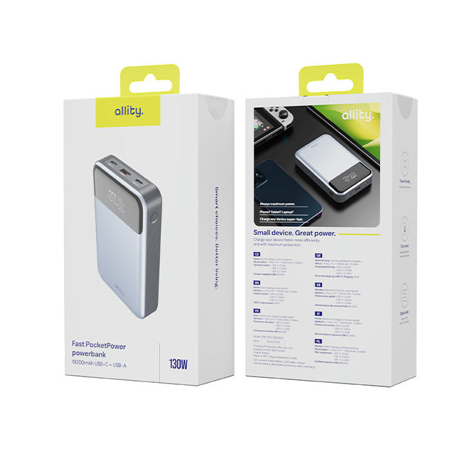 Eksterna baterija Allity. APB-200 PocketPower, 19200mAh, 130W, QC + PD, 1 x USB-A - 2 x USB-C, Siva