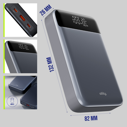 Eksterna baterija Allity. APB-200 PocketPower, 19200mAh, 130W, QC + PD, 1 x USB-A - 2 x USB-C, Siva