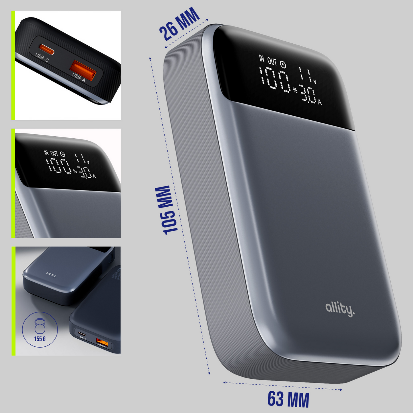 Spoljna baterija Allity. APB-200 PocketPower, 10000mAh, 33W, QC + PD, 1 x USB-A - 1 x USB-C, Siva