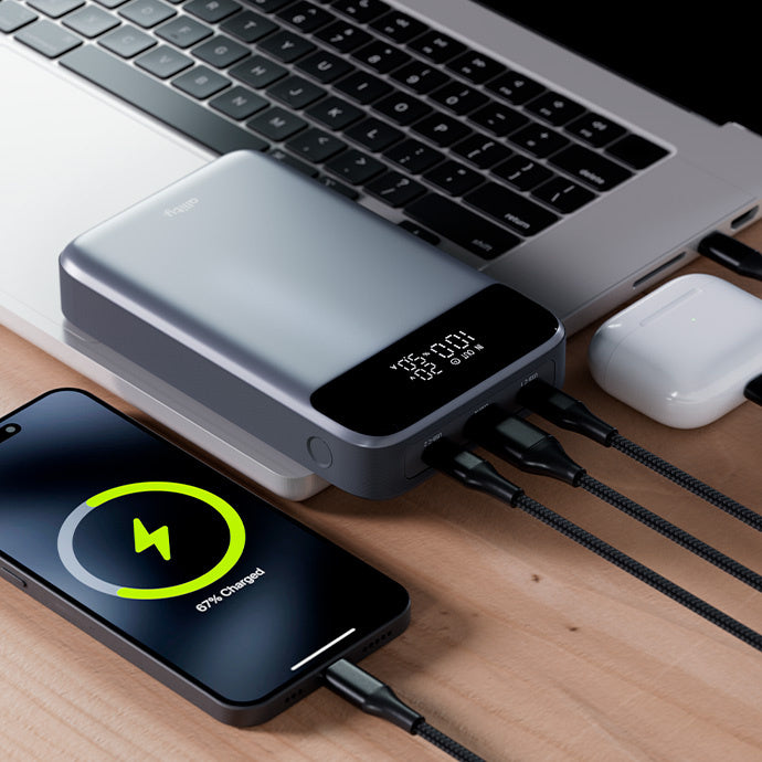 Eksterna baterija Allity. APB-200 PocketPower, 19200mAh, 130W, QC + PD, 1 x USB-A - 2 x USB-C, Siva