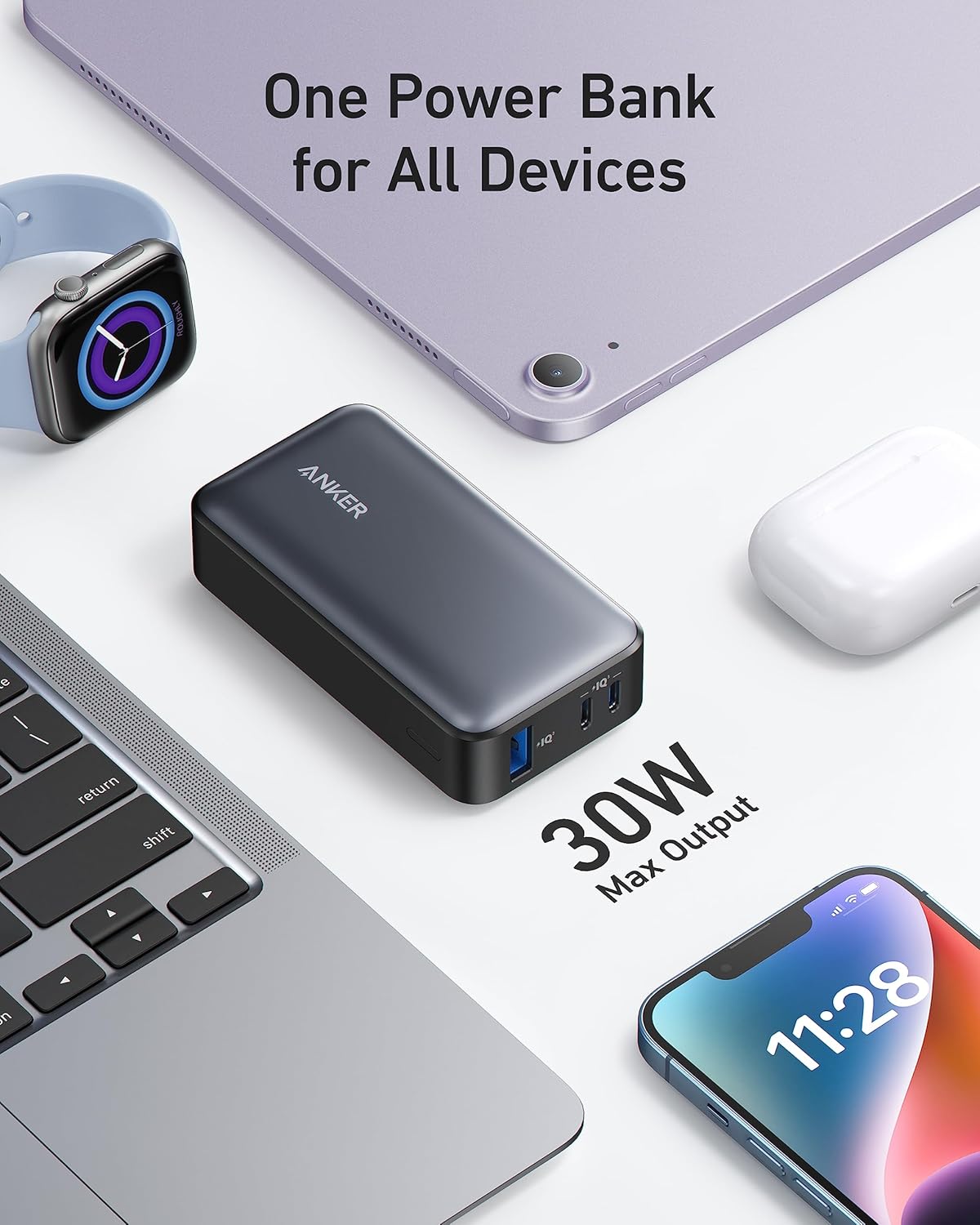 Eksterna baterija Anker 533, 10000mAh, 30W, QC + PD, 1 x USB-A - 2 x USB-C, Crna A1256G12