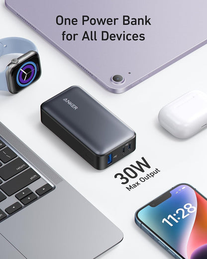 Eksterna baterija Anker 533, 10000mAh, 30W, QC + PD, 1 x USB-A - 2 x USB-C, Crna A1256G12
