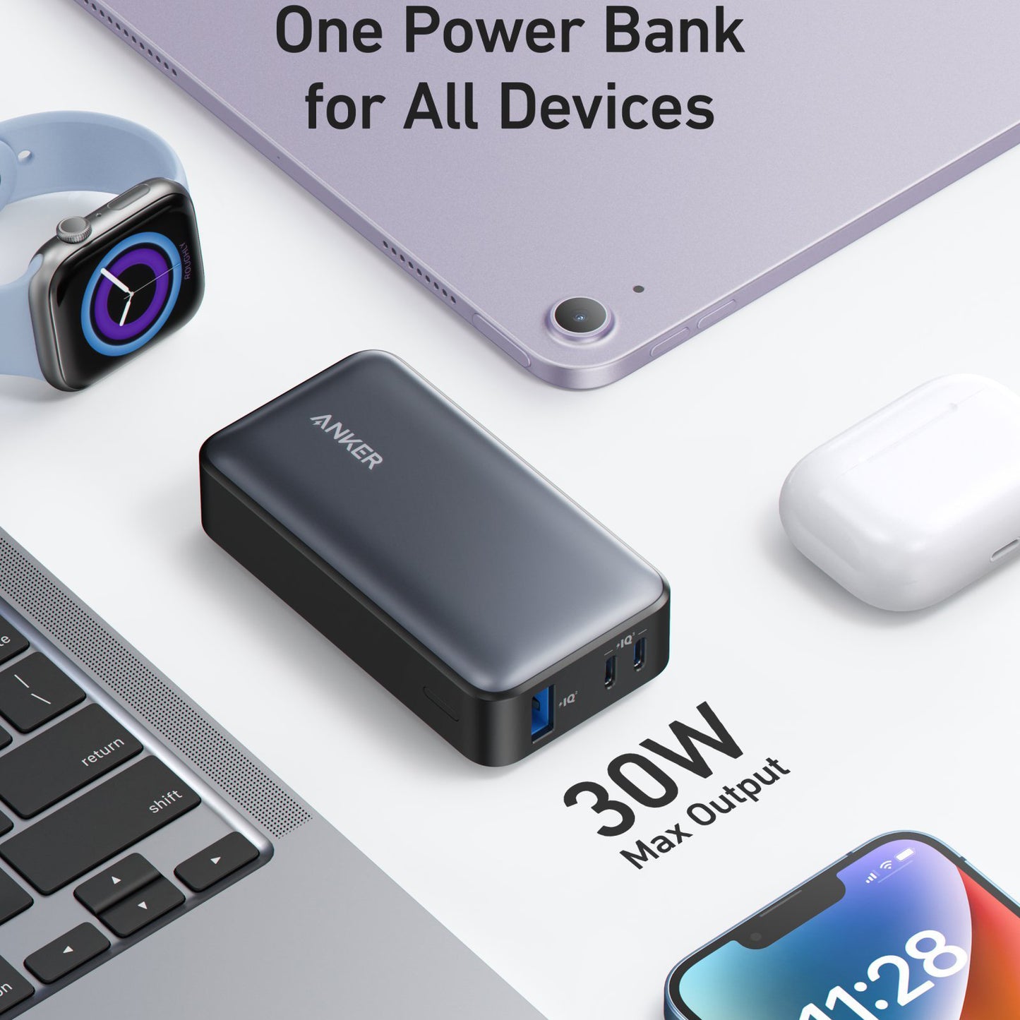 Eksterna baterija Anker 533, 10000mAh, 30W, QC + PD, 1 x USB-A - 2 x USB-C, Crna A1256G11