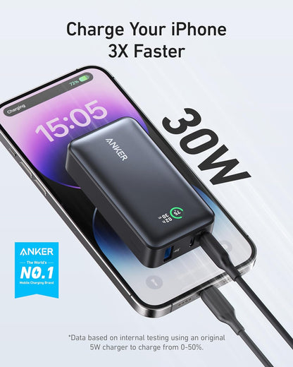 Eksterna baterija Anker 533, 10000mAh, 30W, QC + PD, 1 x USB-A - 2 x USB-C, Crna A1256G12