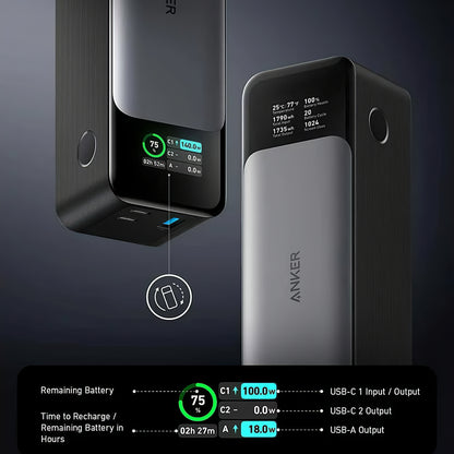 Vanjska baterija Anker 737, 24000mAh, 140W, QC + PD, 1 x USB-A - 2 x USB-C, Crna A1289011