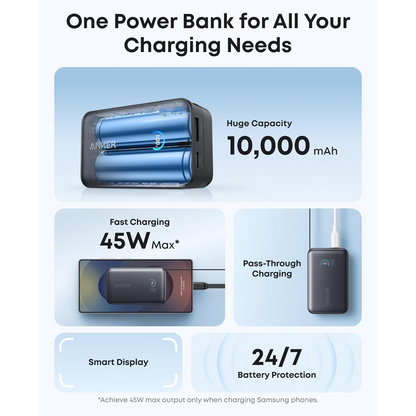Eksterna baterija Anker Nano, 10000mAh, 45W, QC + PD, 1 x USB-A - 1 x USB-C, Crna A1638H11
