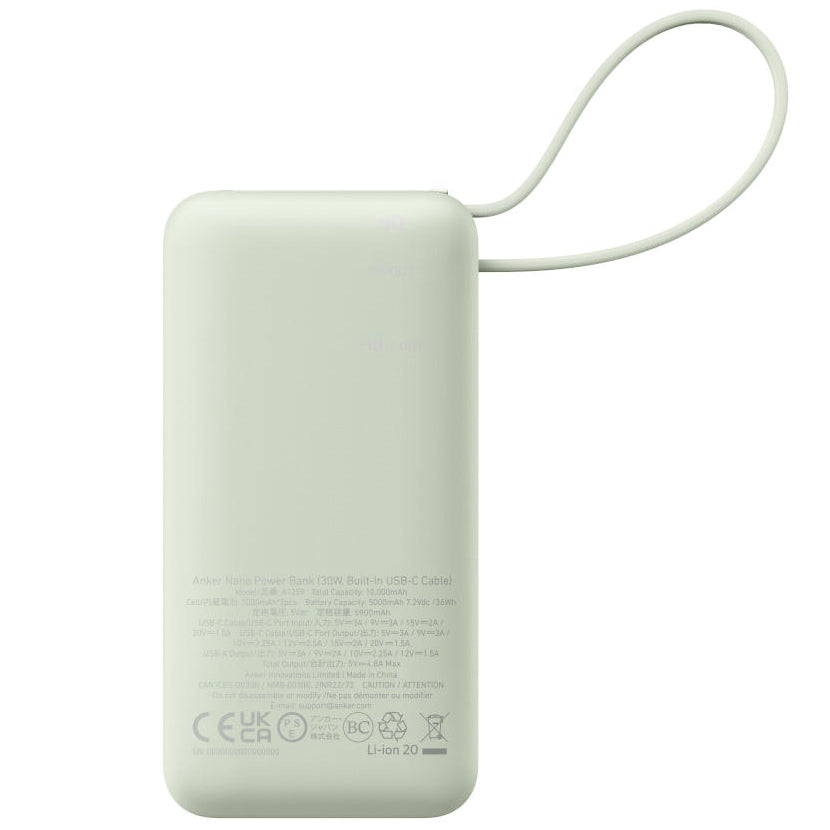 Anker Nano External Battery, 10000mAh, 30W, QC + PD, 1 x USB-A - 2 x USB-C, Green A1259G61 