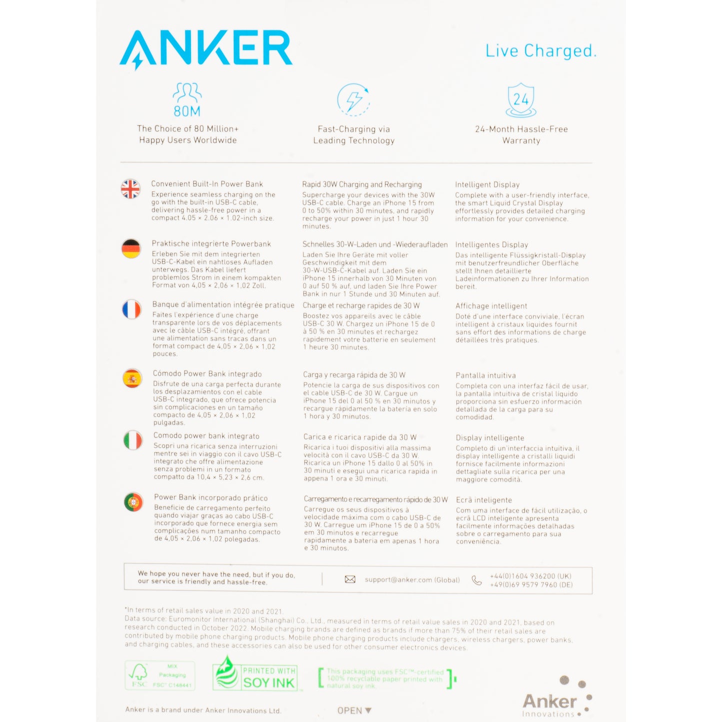 Anker Nano External Battery, 10000mAh, 30W, QC + PD, 1 x USB-A - 2 x USB-C, Black A1259G11 