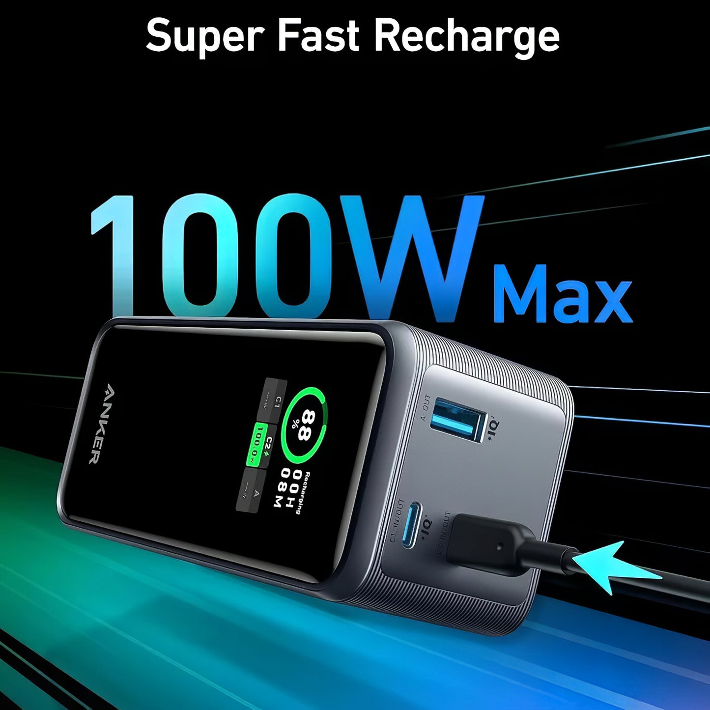 Anker Prime External Battery, 20000mAh, 200W, QC + PD, 1 x USB-A - 2 x USB-C, Black A1336011 