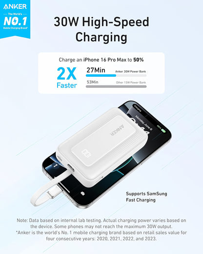 Anker Zolo External Battery, 10000mAh, 30W, QC + PD, 1 x USB-A - 2 x USB-C, White A1688H21 