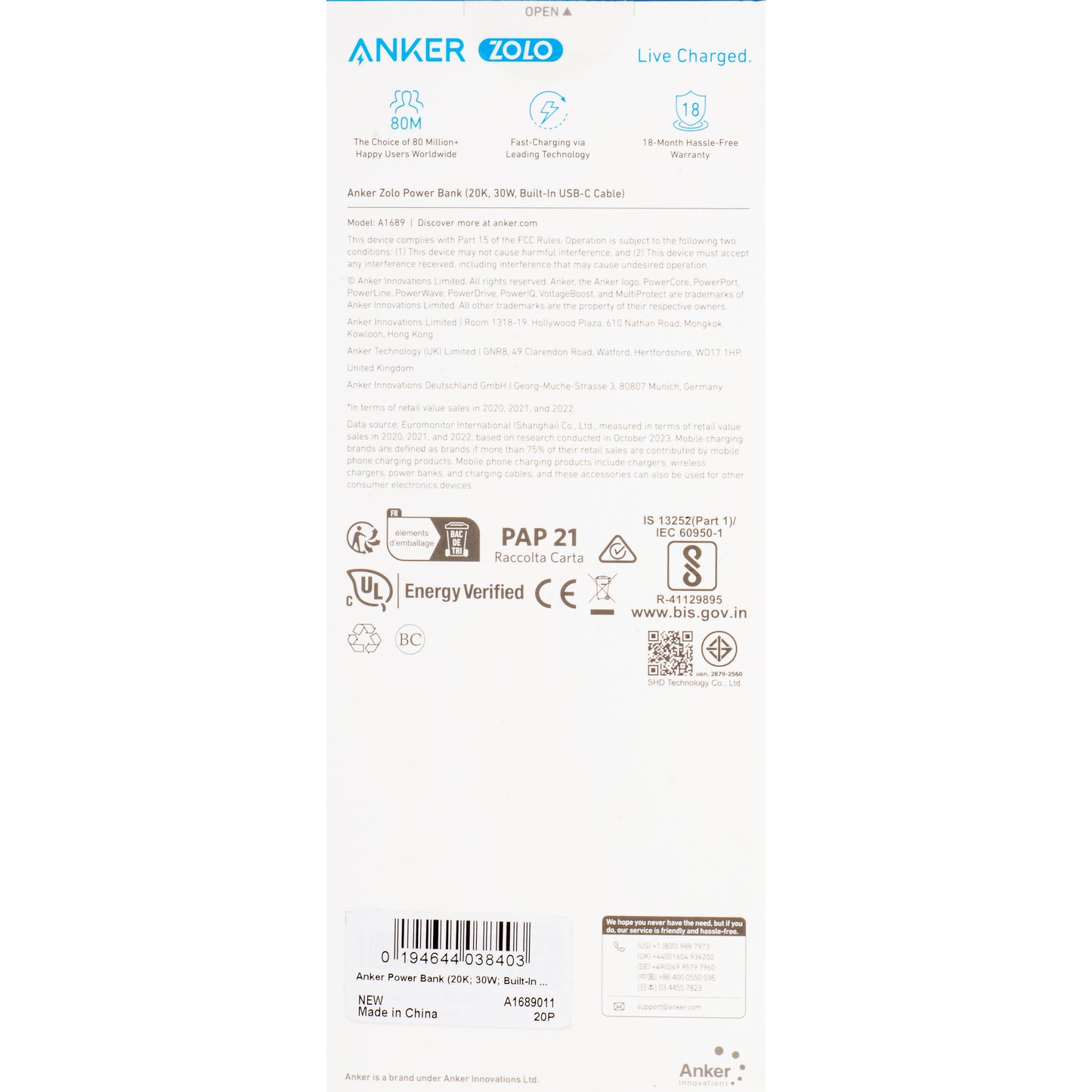 Eksterna baterija Anker Zolo, 20000mAh, 30W, QC + PD, 1 x USB-A - 2 x USB-C, Crna A1689011