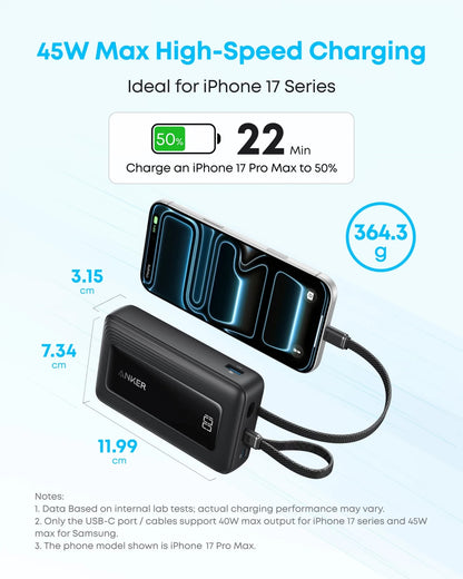 Eksterna baterija Anker Zolo, 20000 mAh, 45 W, QC + PD, 1 x USB-A - 3 x USB-C, crna A110MH12