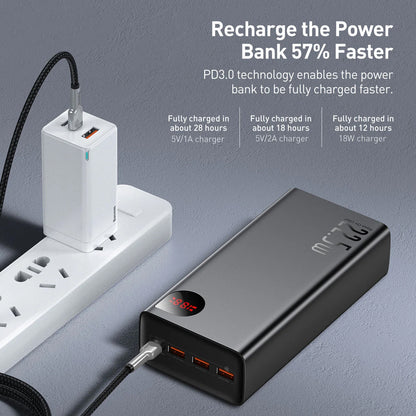 Eksterna baterija Baseus Adaman, 40000mAh, 22.5W, QC + PD, 1 x USB-C - 3 x USB-A, Crna