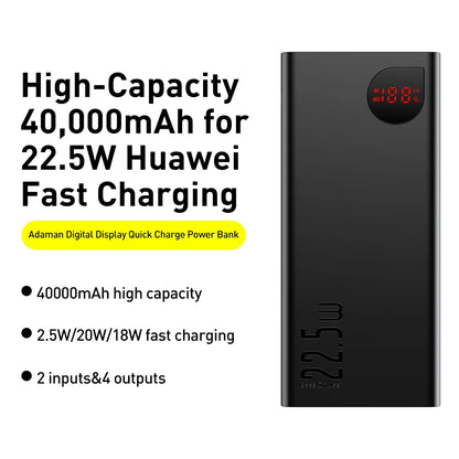 Eksterna baterija Baseus Adaman, 40000mAh, 22.5W, QC + PD, 1 x USB-C - 3 x USB-A, Crna