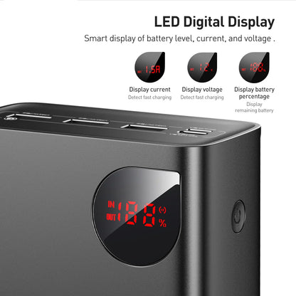 Eksterna baterija Baseus Adaman, 40000mAh, 22.5W, QC + PD, 1 x USB-C - 3 x USB-A, Crna
