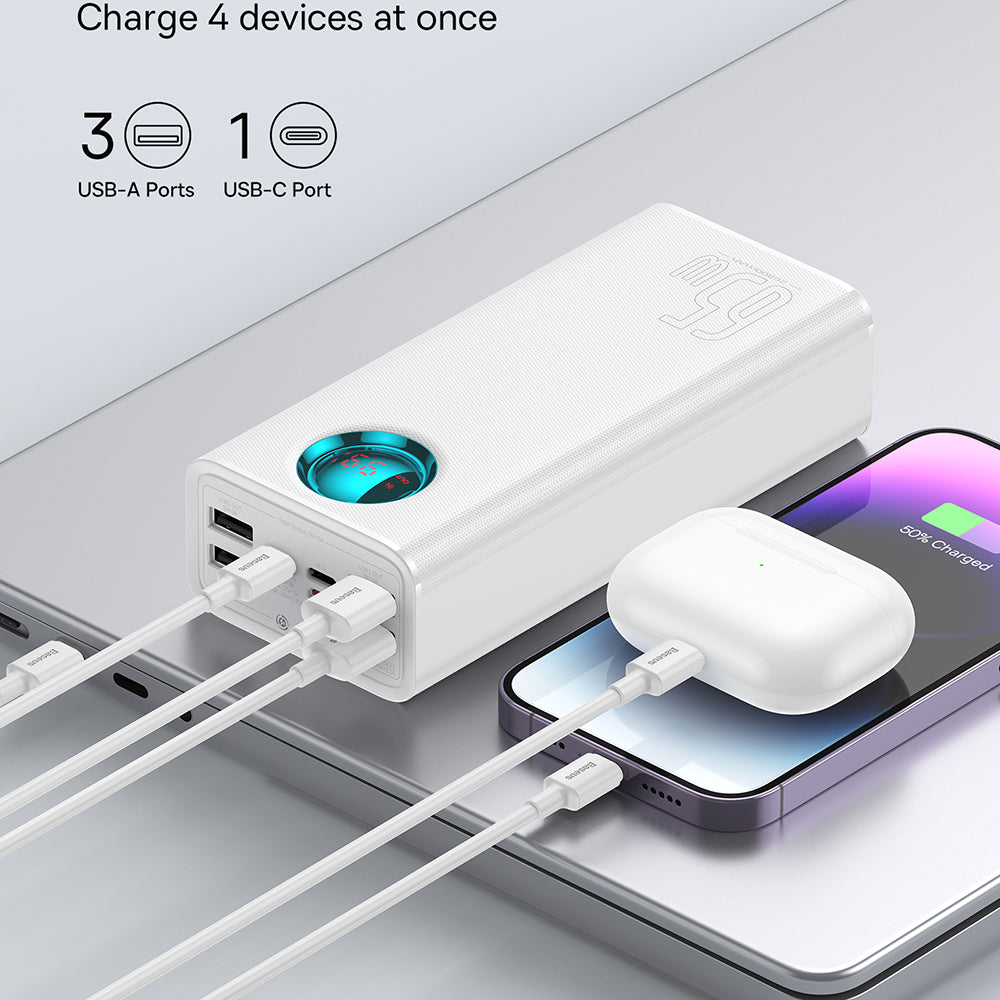 Eksterna baterija Baseus Amblight Digital Display, 26800mAh, 65W, QC + PD, 1 x USB-C - 4 x USB-A, Bela P10022402223-00
