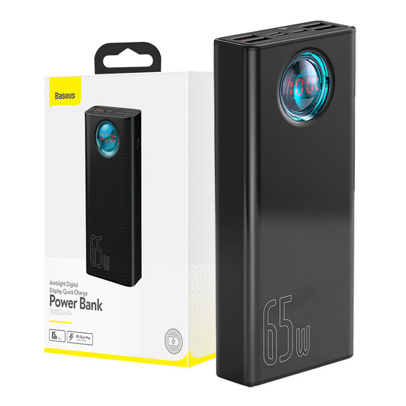 Eksterna baterija Baseus Amblight Digital Display, 30000mAh, 65W, QC + PD, 1 x USB-C - 4 x USB-A, Crna PPLG000101