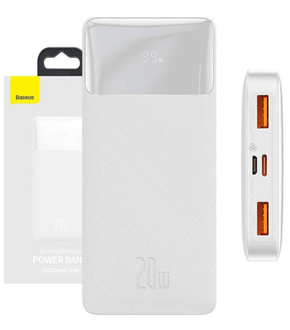 Eksterna baterija Baseus Bipow, 10000mAh, 20W, QC + PD, 1 x USB-C - 2 x USB-A, Bela PPBD050502