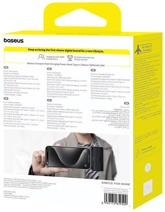Baterija Eksterna Baseus Compact, 5000mAh, 20W, PD, 2 x USB-C, Crna P10068306113-00