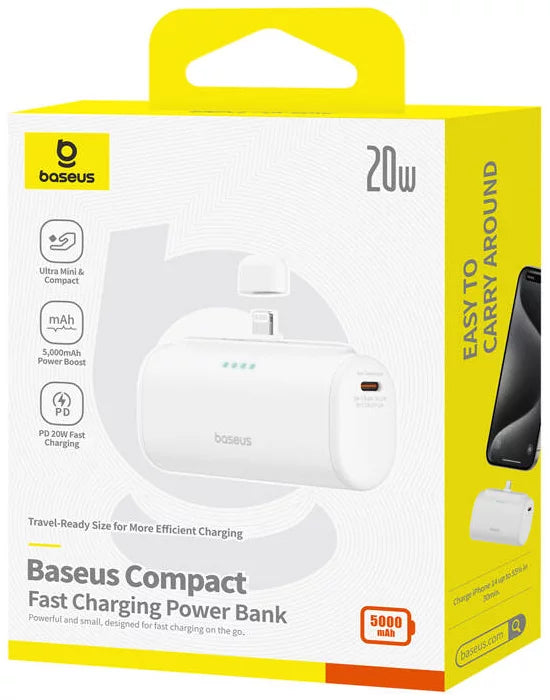 Spoljna baterija Baseus Compact, 5000mAh, 20W, PD, 1 x Lightning - 1 x USB-C, Bela P10068307213-00