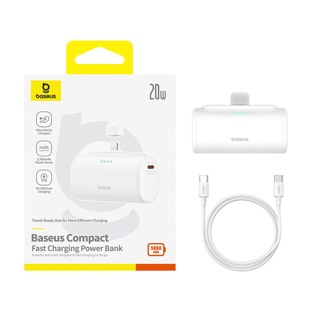Spoljna baterija Baseus Compact, 5000mAh, 20W, PD, 1 x Lightning - 1 x USB-C, Bela P10068307213-00