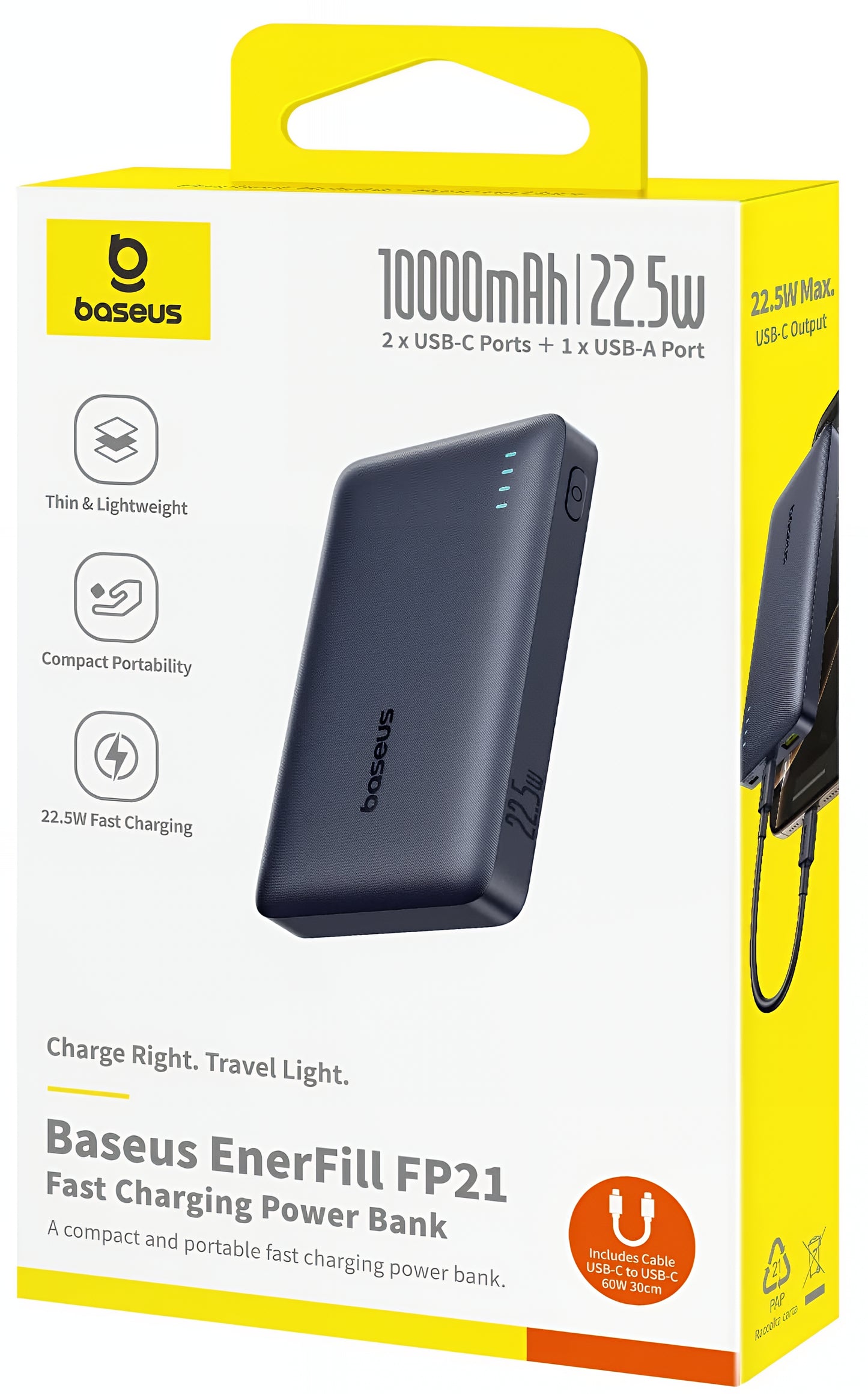Spoljna baterija Baseus EnerFill FP21, 10000mAh, 22.5W, QC + PD, 1 x USB-A - 2 x USB-C, Crna P1008210D123-00