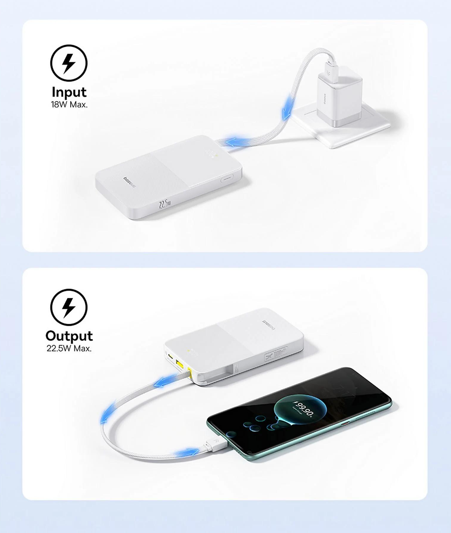 Eksterna baterija Baseus EnerFill Bipow2 Pro, 10000mAh, 22.5W, QC + PD, 1 x USB-A - 2 x USB-C, Bela E0027601