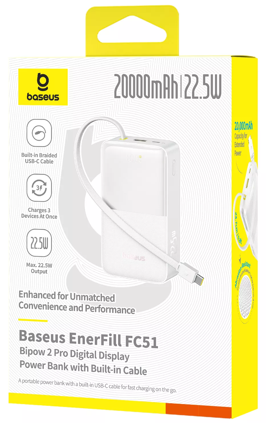 Spoljna baterija Baseus EnerFill Bipow2 Pro, 20000mAh, 22.5W, QC + PD, 1 x USB-A - 2 x USB-C, Bela E0027700