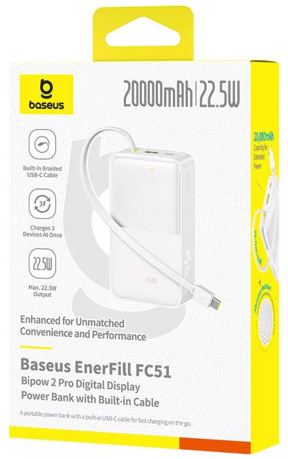 Spoljna baterija Baseus EnerFill Bipow2 Pro, 20000mAh, 22.5W, QC + PD, 1 x USB-A - 2 x USB-C, Bela E0027700