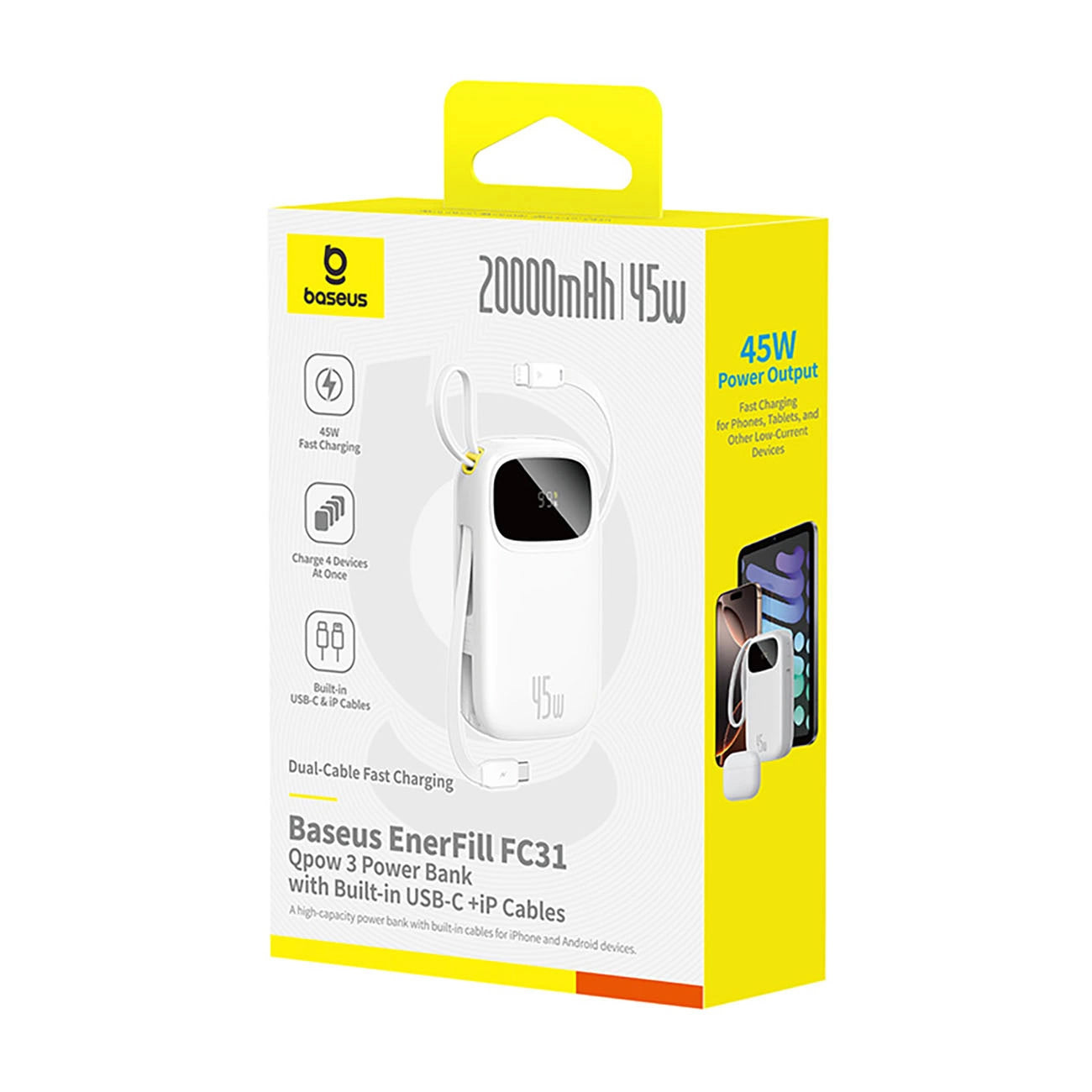 Spoljna baterija Baseus EnerFill FC31, 20000mAh, 45W, QC + PD, 1 x Lightning - 1 x USB-A - 2 x USB-C, Bela E0028D01