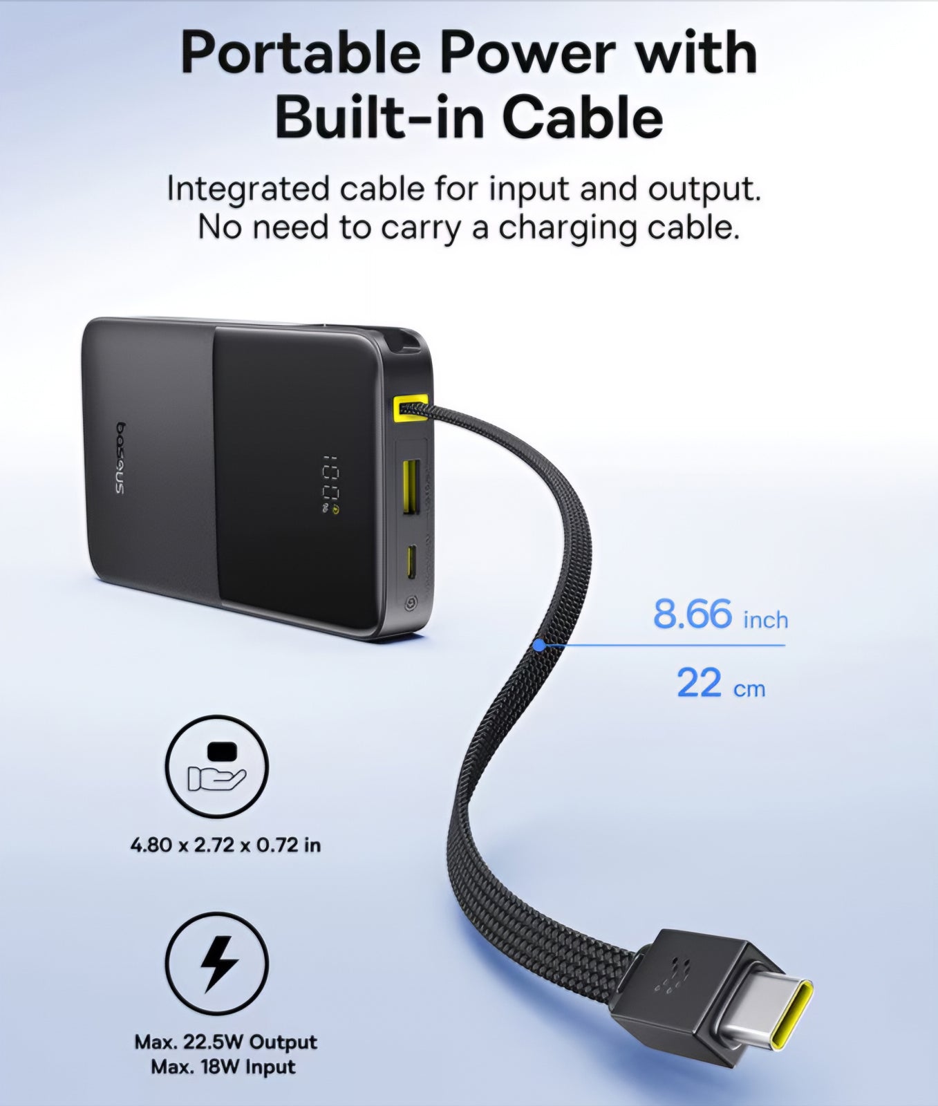 Spoljna baterija Baseus EnerFill Bipow2 Pro, 10000mAh, 22.5W, QC + PD, 1 x USB-A - 2 x USB-C, Crna E0027600