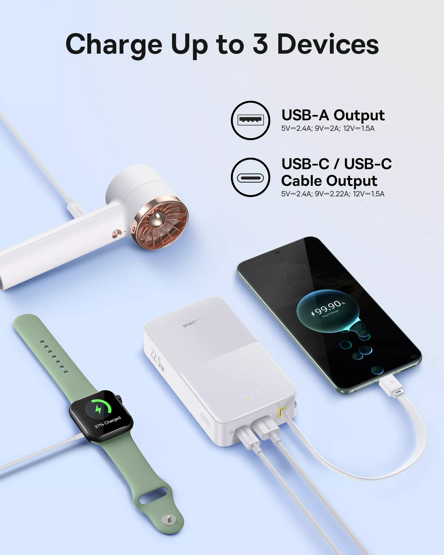 Spoljna baterija Baseus EnerFill Bipow2 Pro, 20000mAh, 22.5W, QC + PD, 1 x USB-A - 2 x USB-C, Bela E0027700