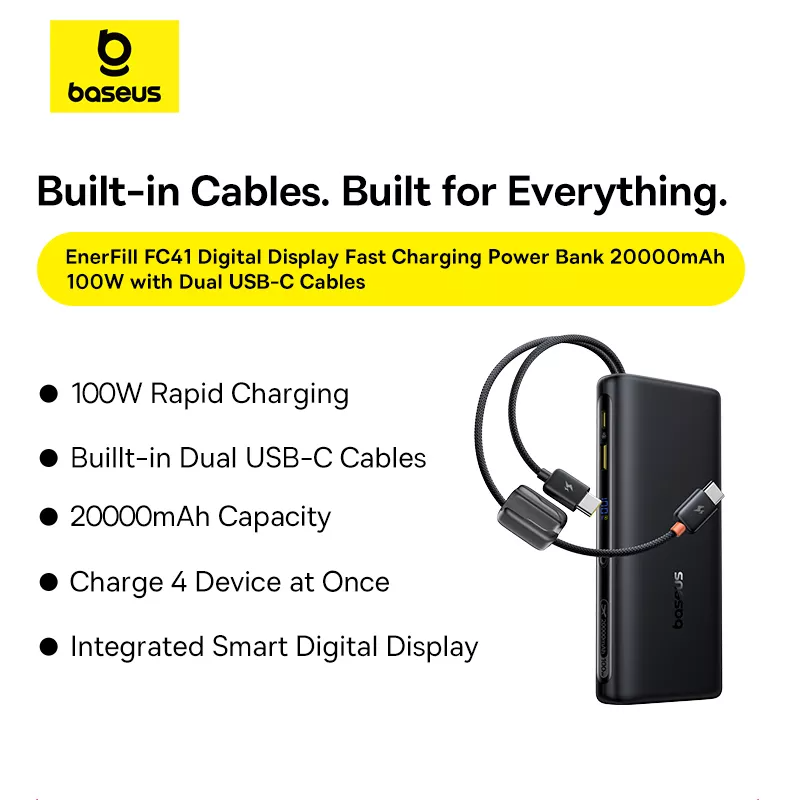 Spoljna baterija Baseus EnerFill FC41, 20000mAh, 100W, QC + PD, 1 x USB-A - 3 x USB-C, Crna E0028N03