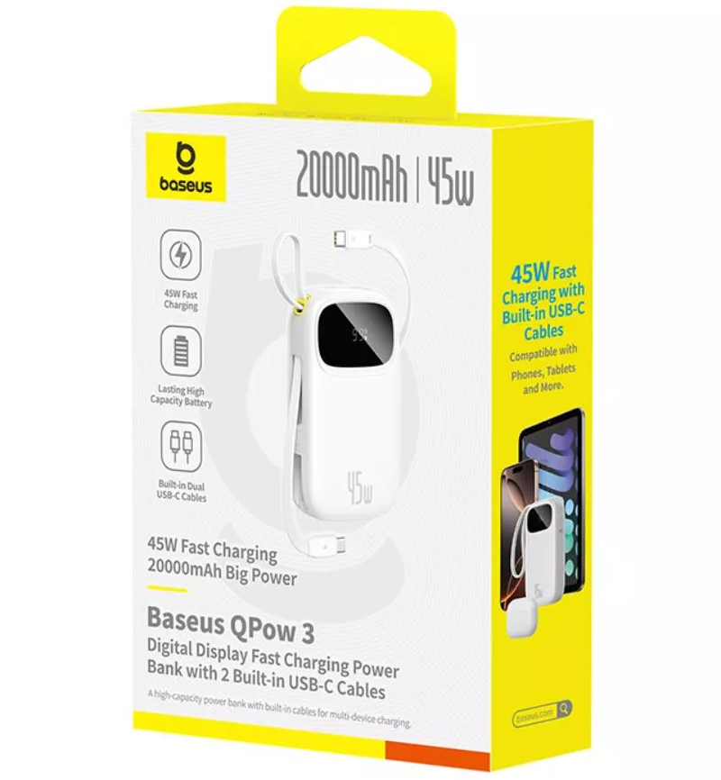 Eksterna baterija Baseus EnerFill FC31 Qpow 3, 20000mAh, 45W, QC + PD, 1 x USB-A - 3 x USB-C, Bela P10082105213-00