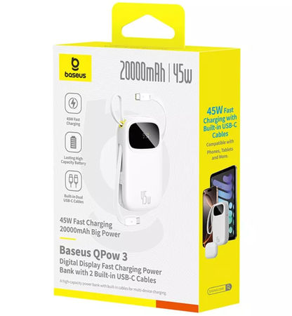 Eksterna baterija Baseus EnerFill FC31 Qpow 3, 20000mAh, 45W, QC + PD, 1 x USB-A - 3 x USB-C, Bela P10082105213-00