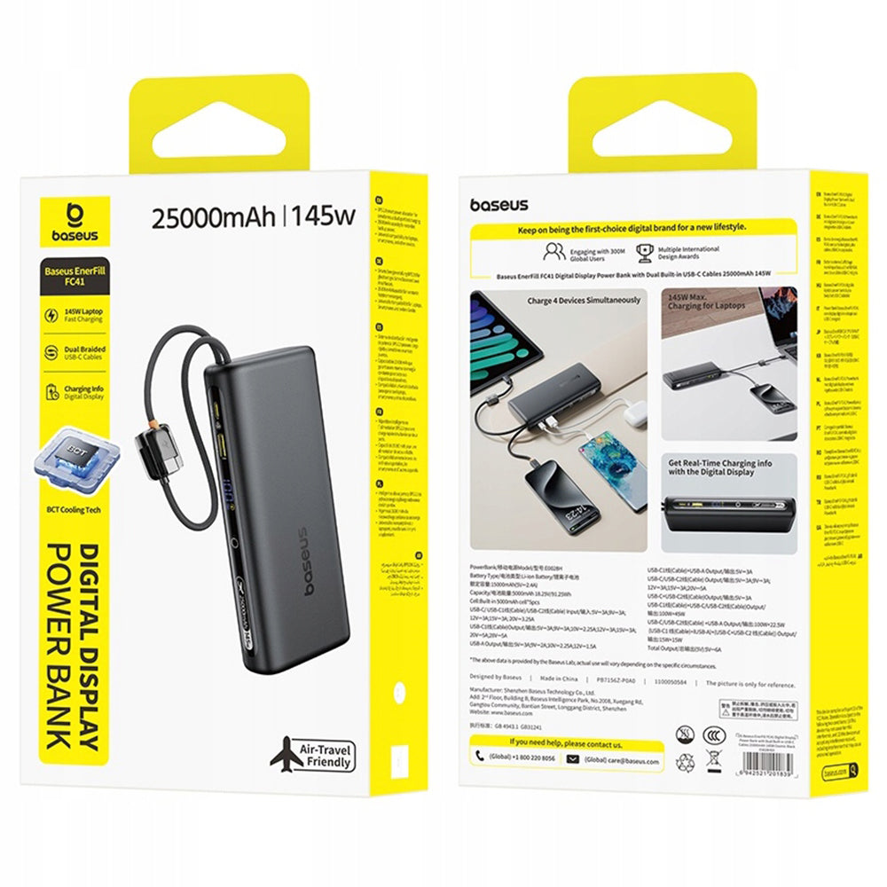 Eksterni punjač Baseus EnerFill FC41, 25000mAh, 145W, QC + PD, 1 x USB-A - 3 x USB-C, Crna E0028H03