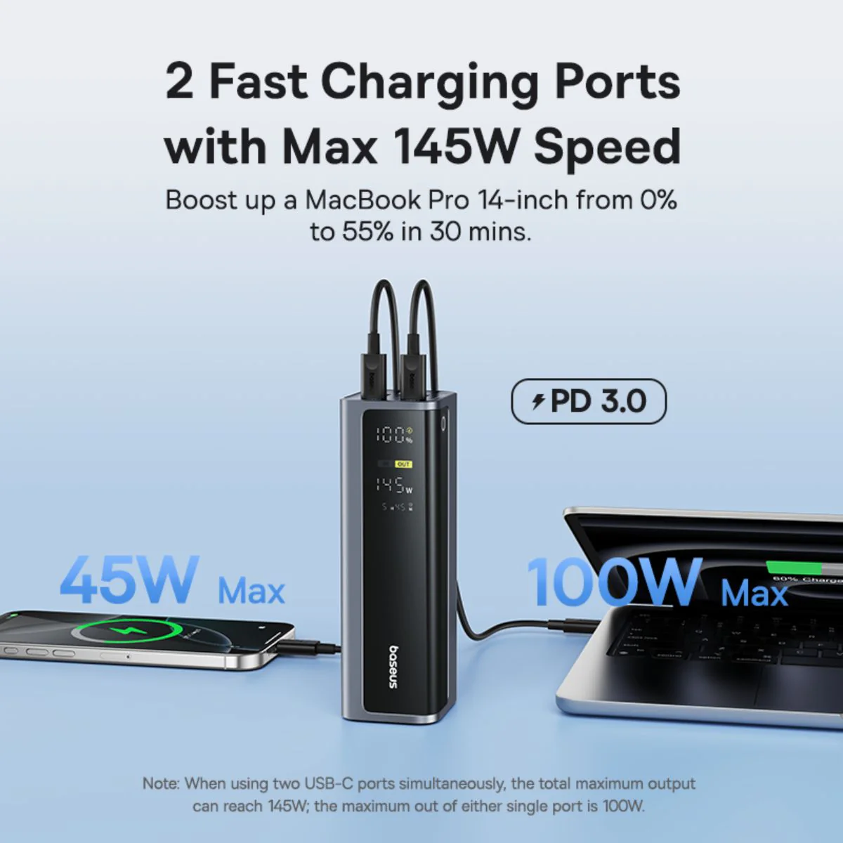Spoljna baterija Baseus EnerGeek GP12, 20800mAh, 145W, QC + PD, 2 x USB-A - 2 x USB-C, Siva P10082109813-00