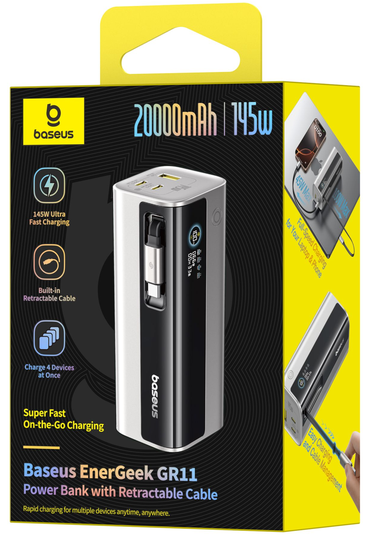 Eksterni punjač Baseus EnerGeek GR11, 20000mAh, 145W, QC + PD, 1 x USB-A - 3 x USB-C, Srebrna E0027B02