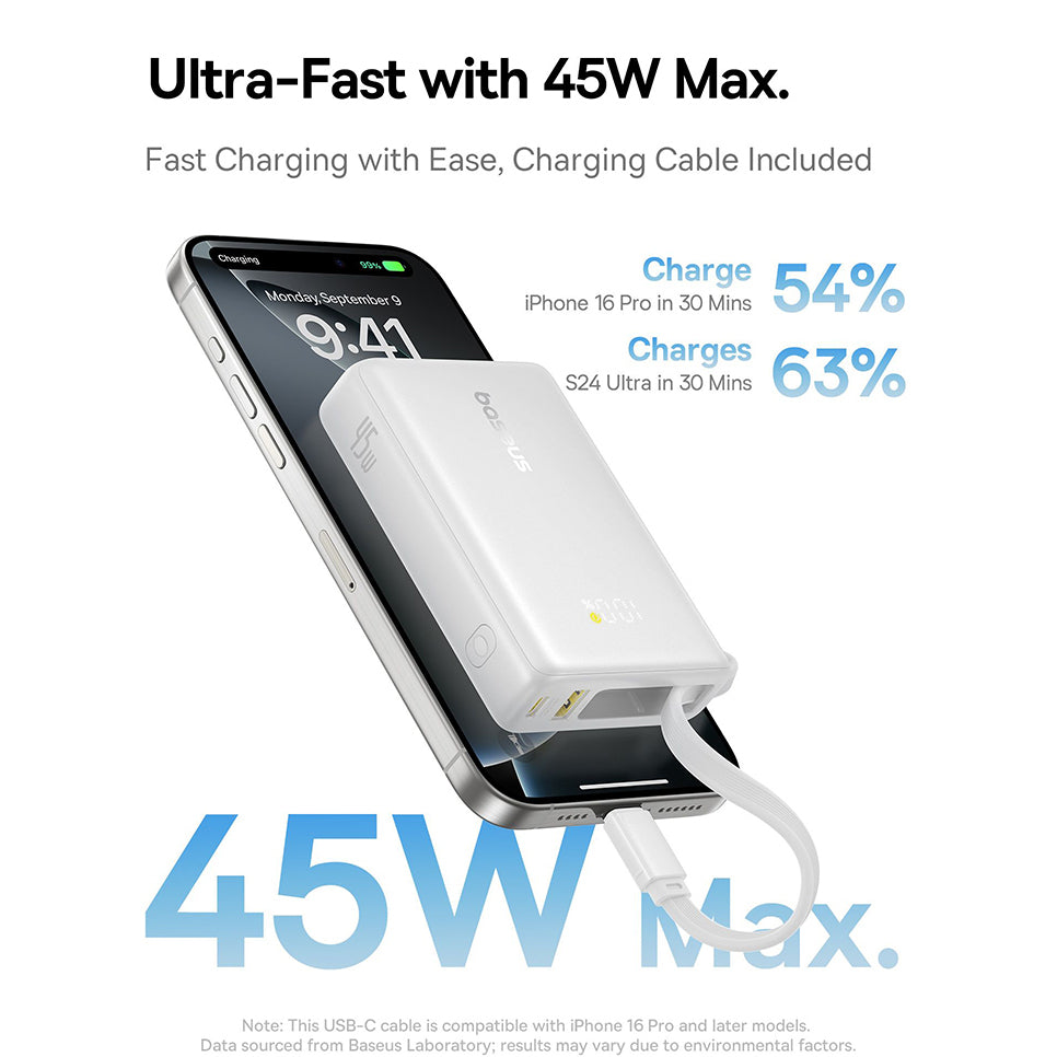 Spoljna baterija Baseus PicoGo, 10000mAh, 45W, QC + PD, 1 x USB-A - 2 x USB-C, Bela P10076803213-00