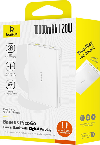 Spoljna baterija Baseus PicoGo, 10000mAh, 20W, QC + PD, 1 x USB-A - 2 x USB-C, Bela P10076801213-00