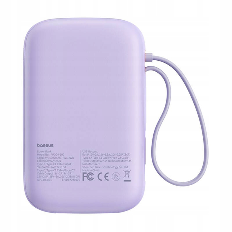 Spoljna baterija Baseus Qpow2, 10000mAh, 30W, QC + PD, 1 x USB-A - 3 x USB-C, Ljubičasta P10055008513-00