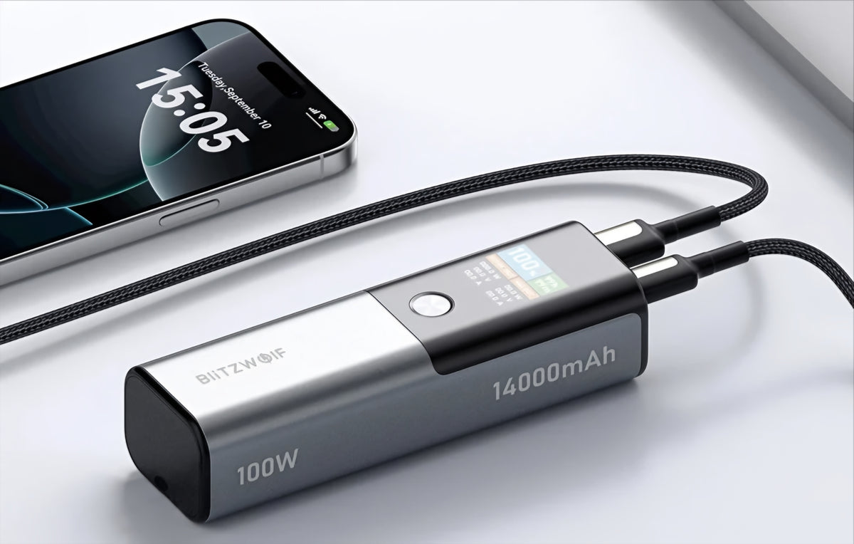 Eksterna baterija BlitzWolf BW-P23, 14000mAh, 100W, QC + PD, 1 x USB-A - 1 x USB-C, Siva